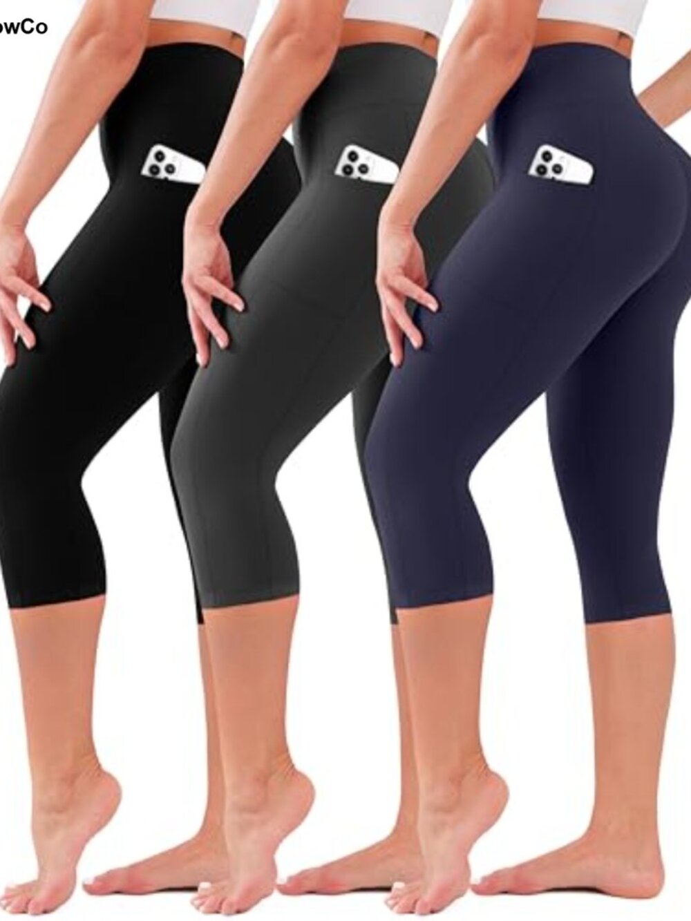 Capri Leggings with Pockets for Women, High Waisted Tummy Control, 3 Pack